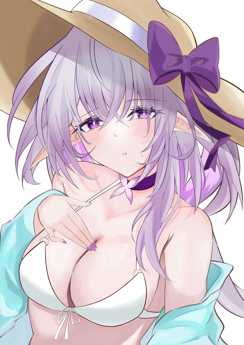 1girl, absurdres, bare_shoulders, bikini, blue_jacket, breasts, castorice_(honkai:_star_rail), cleavage