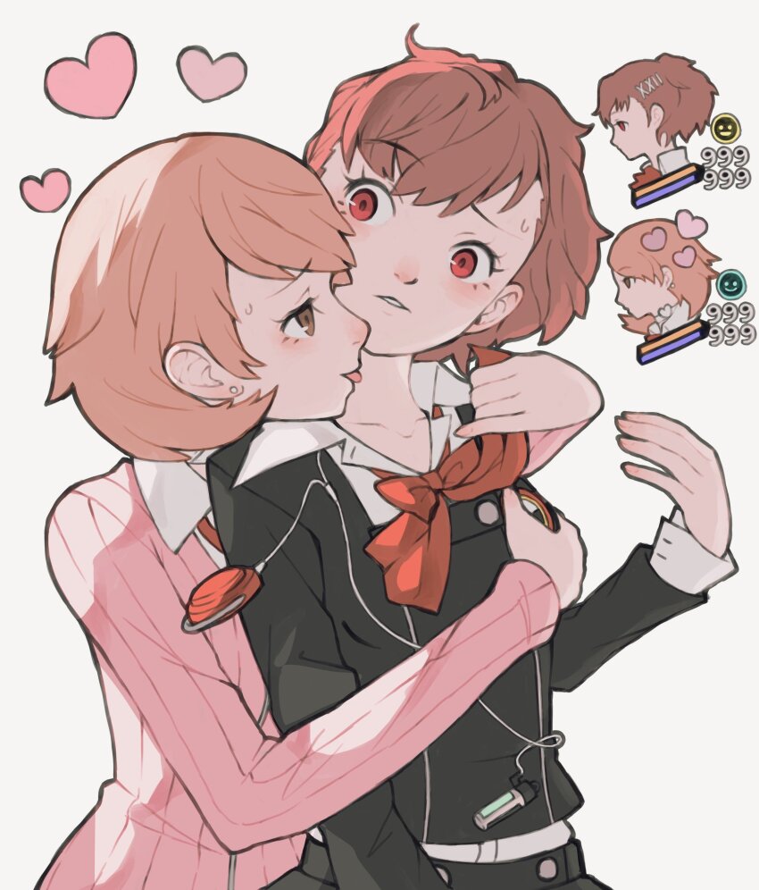 2girls, bow, bowtie, brown_eyes, brown_hair, mp3_player, earrings, gekkoukan_high_school_uniform, grabbing_another's_breast, groping, heart, highres, jacket, jewelry, long_sleeves, multiple_girls, parted_lips, persona, persona_3, persona_3_portable, red_bow, red_bowtie, red_eyes, school_uniform, shiomi_kotone, shirt, short_hair, simple_background, stud_earrings, sweat, takeba_yukari, tbjj1208, upper_body, white_shirt, yuri