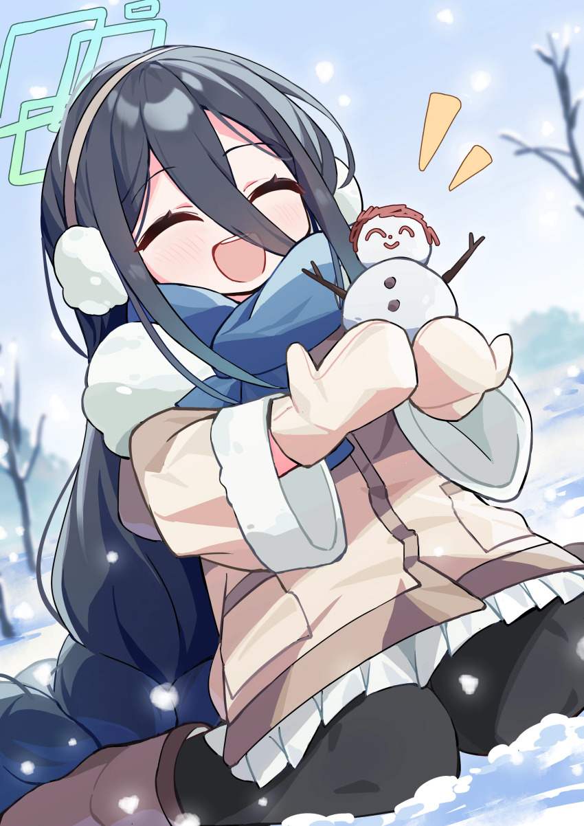 1girl, :d, ^_^, absurdly_long_hair, absurdres, aqua_halo, aris_(blue_archive), aris_(winter)_(blue_archive)