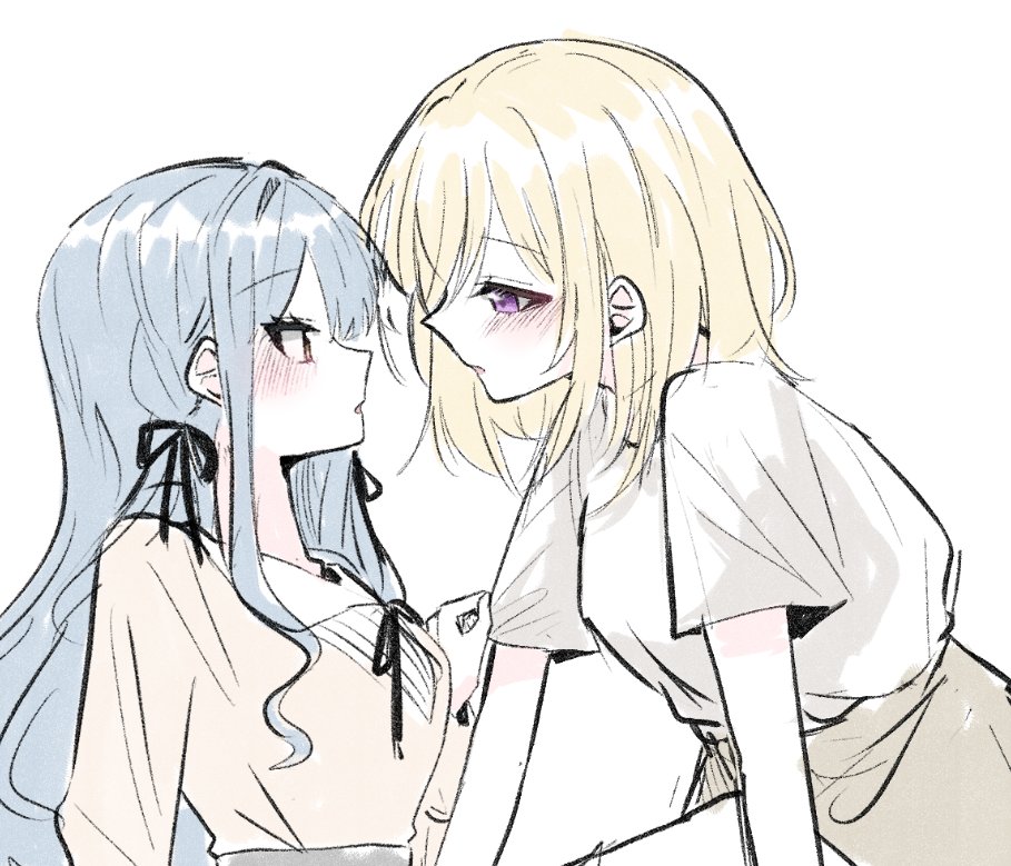 2girls, at_09098, bang_dream!, bang_dream!_it's_mygo!!!!!, black_ribbon, blonde_hair, blue_hair, blush