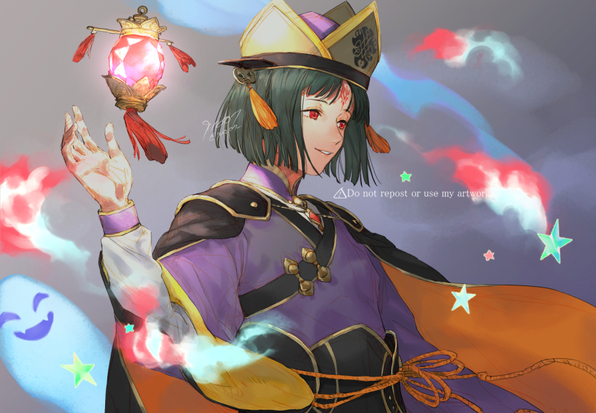 1boy, 91007, artist_name, bob_cut, cape, commentary_request, dark-skinned_male, dark_skin, facial_mark, fire_emblem, fire_emblem:_radiant_dawn, fire_emblem_heroes, floating, floating_object, forehead_mark, ghost, grey_background, hand_up, hat, hat_tassel, high_collar, kurthnaga_(fire_emblem), kurthnaga_(halloween)_(fire_emblem), laguz_(fire_emblem), long_sleeves, looking_to_the_side, male_focus, nintendo, official_alternate_costume, parted_lips, red_eyes, solo, star_(symbol), tassel, twitter_username, two-sided_cape, two-sided_fabric, upper_body, watermark