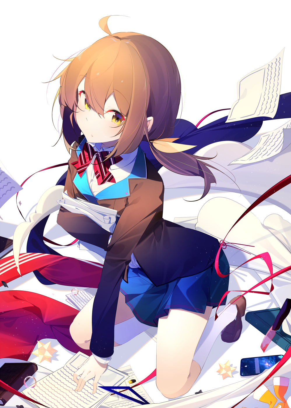 1girl, benio_(dontsugel), black_jacket, black_shoes, blue_skirt, bow, bowtie, brown_hair