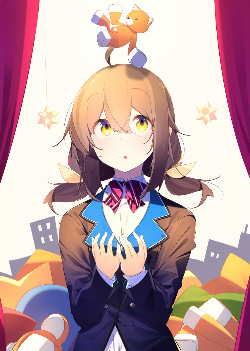 1girl, benio_(dontsugel), black_jacket, bow, bowtie, brown_hair, collared_shirt, highres