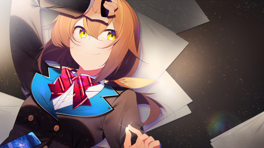 1girl, benio_(dontsugel), black_jacket, bow, bowtie, brown_hair, collared_shirt, jacket