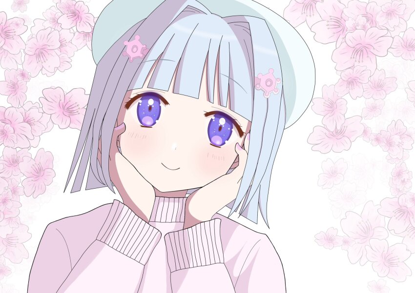 1girl, cherry_blossoms, highres, pink_shirt, purple_eyes, sapporo-tan, shirt, tagme