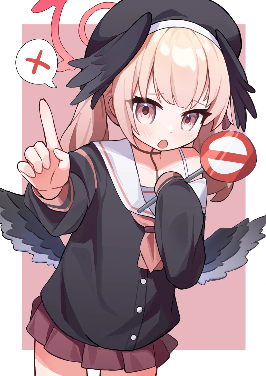 1girl, absurdres, beret, black_hat, black_shirt, black_wings, blue_archive, body_markings