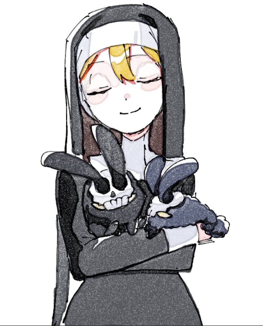 1girl, animal, blonde_hair, closed_eyes, double_(skullgirls), dust_bunny_(skullgirls), facing_viewer, highres