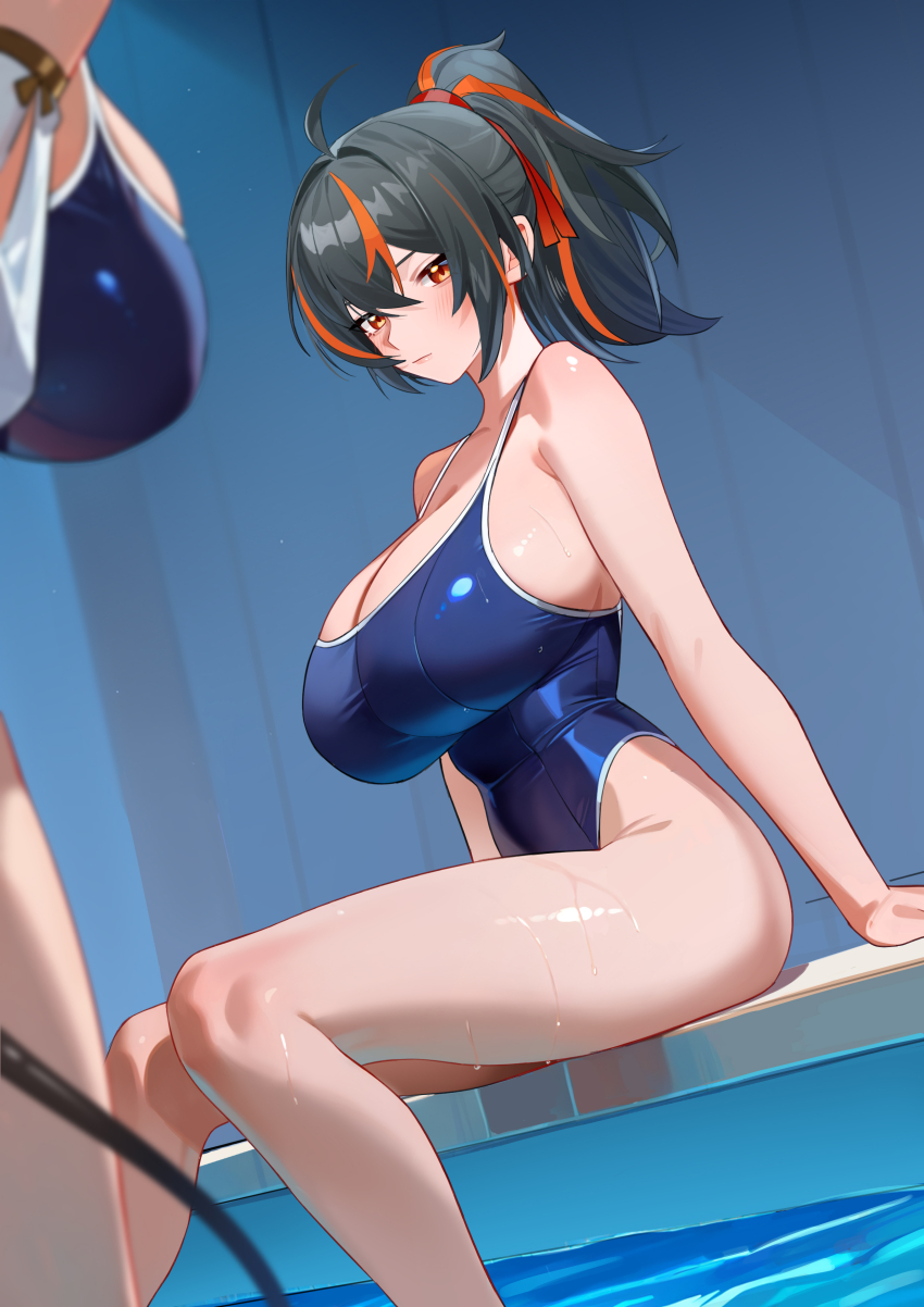 2girls, absurdres, ahoge, alternate_costume, black_hair, blue_one-piece_swimsuit, breasts, closed_mouth
