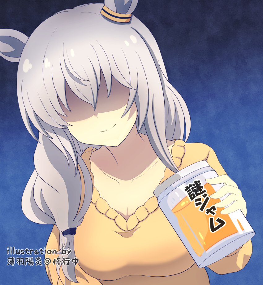 1girl, absurdres, akiko_jam, artist_name, bad_food, blue_background, breasts, cleavage