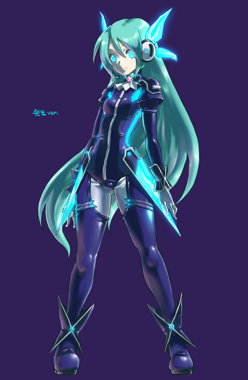 1girl, alternate_hairstyle, aqua_eyes, aqua_hair, bodysuit, commentary_request, glowing, glowing_eyes