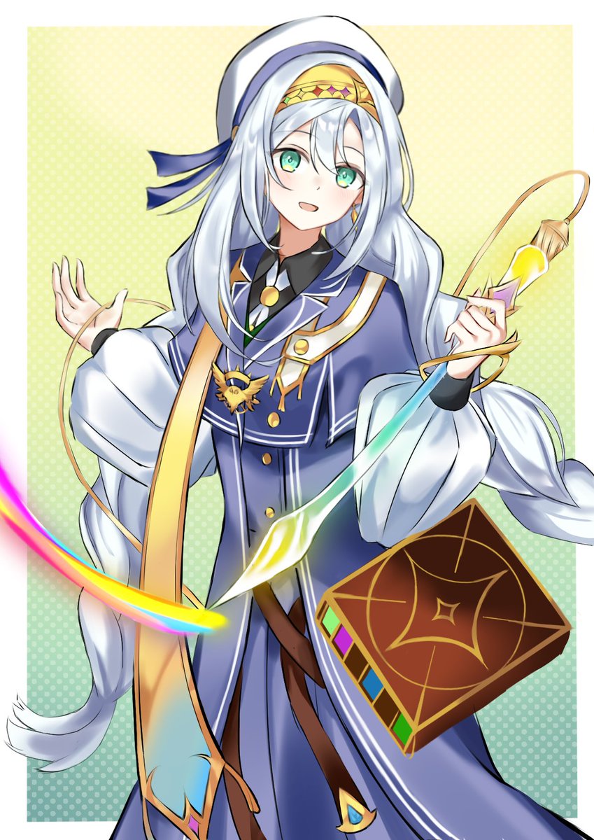 1girl, artmage_finmel, beret, book, duel_monster, earrings, green_eyes, hat