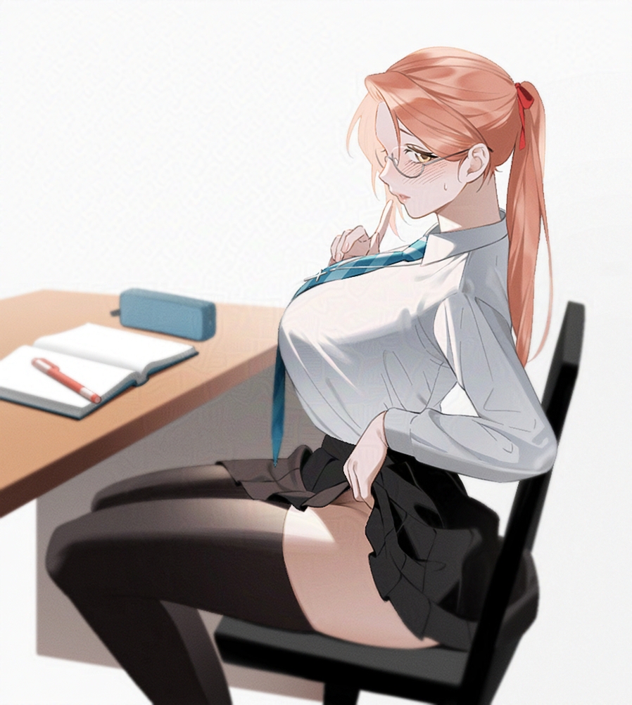 1girl, adversarial_noise, black_thighhighs, blue_necktie, book, breasts, chair, clothes_lift, degrees_of_lewdity, desk, finger_to_mouth, glasses, hair_ribbon, huge_breasts, index_finger_raised, lifting_own_clothes, long_hair, looking_at_viewer, necktie, no_panties, on_chair, parted_lips, pencil_case, pleated_skirt, ponytail, red_hair, red_ribbon, ribbon, school_uniform, shirt, simple_background, sinner_o0, sitting, skirt, skirt_lift, solo, sweat, sydney_(degrees_of_lewdity), sydney_(female)_(degrees_of_lewdity), table, thighhighs, white_shirt, yellow_eyes