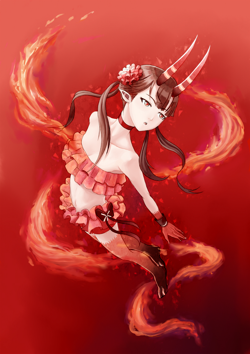 10s, 1girl, amuno, brown_hair, c_(control), demon_girl, female_focus, hair_ornament