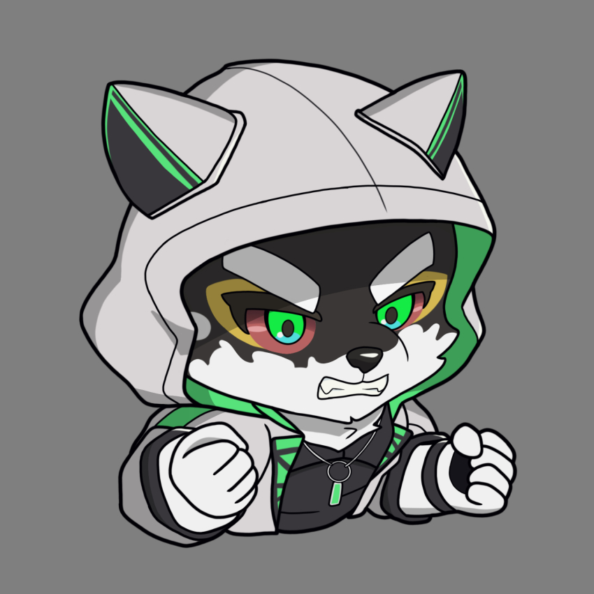 1boy, animal_ear_hood, animal_ears, chibi, clenched_hand, clenched_teeth, colored_sclera, commentary, english_commentary, fake_animal_ears, furry, furry_male, green_eyes, grey_background, highres, hood, hood_up, hooded_jacket, jacket, jewelry, live_a_hero, male_focus, monomasa_(live_a_hero), necklace, red_sclera, teeth, upper_body, white_jacket, wolf_boy, wolf_ears, yojanmarrion