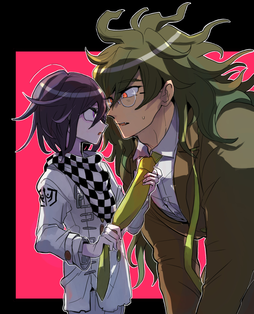 2boys, bandana, brown_jacket, checkered_bandana, clothes_grab, danganronpa_(series), danganronpa_v3:_killing_harmony, eye_contact