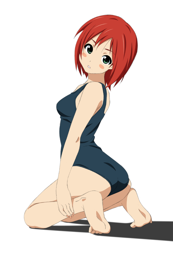 1girl, ass, bare_shoulders, barefoot, blush_stickers, feet, female_focus, fukuoka_katsumi, green_eyes, ichigo_(fukuoka_katsumi), kneeling, looking_at_viewer, looking_back, nail_polish, one-piece_swimsuit, original, red_hair, school_swimsuit, short_hair, soles, solo, swimsuit, toes
