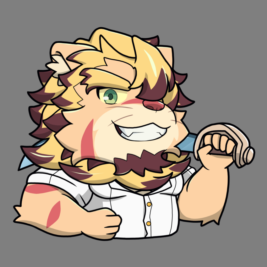1boy, animal_ears, another_eidos-r, chibi, commentary, english_commentary, facial_scar, furry, furry_male, green_eyes, grey_background, grin, hair_over_one_eye, highres, holding, holding_sword, holding_weapon, leonhart_(another_eidos), lion_boy, lion_ears, lion_mane, looking_at_viewer, male_focus, one_eye_covered, scar, scar_on_cheek, scar_on_face, scar_on_nose, shirt, smile, sword, upper_body, weapon, whiskers, white_shirt, yojanmarrion