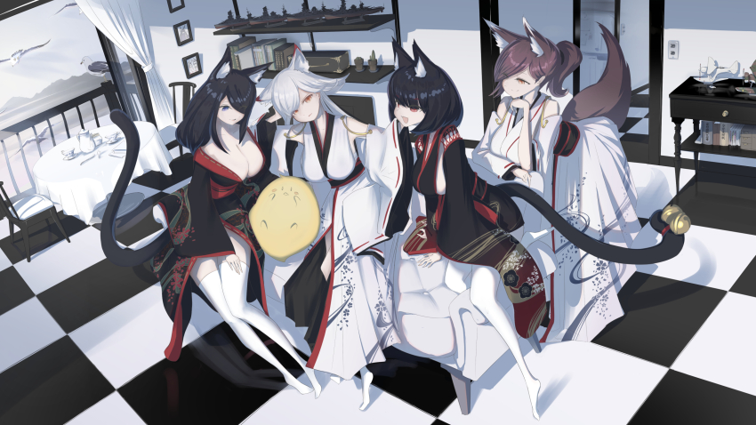 4girls, aircraft, airplane, animal_ear_fluff, animal_ears, azur_lane, bell, black_hair