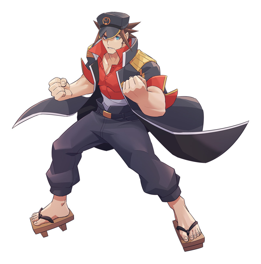 1boy, azure_striker_gunvolt, azure_striker_gunvolt_3, black_coat, black_hat, black_pants, brown_hair, camion_(gunvolt)