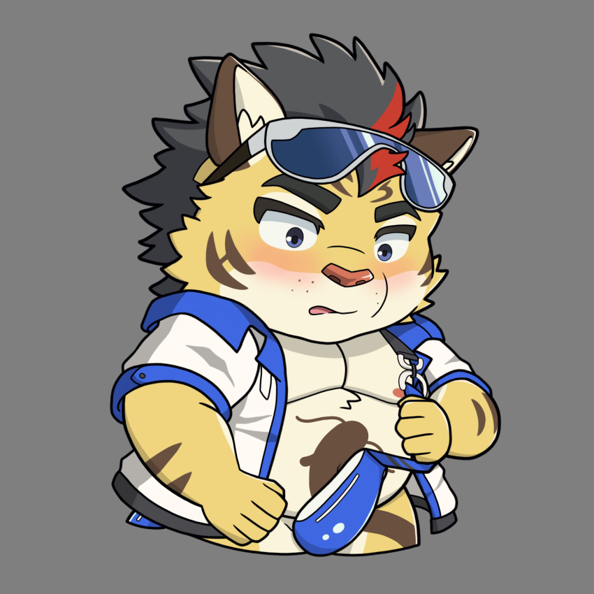 1boy, animal_ears, belly, blush, chibi, commentary, english_commentary, eyewear_on_head