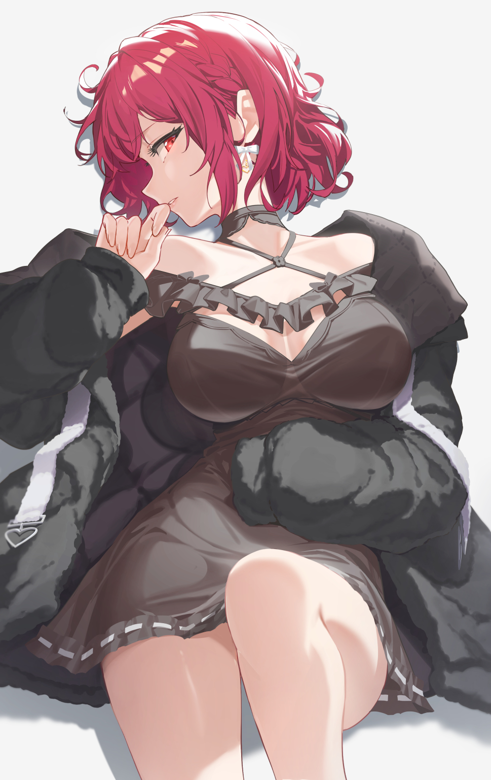 1girl, black_choker, black_coat, black_dress, bow, bow_earrings, breasts, choker, coat, dead_ma'am's_chest_(houshou_marine), dress, earrings, hand_up, highres, hololive, houshou_marine, jewelry, large_breasts, looking_at_viewer, lying, on_back, parted_lips, red_eyes, red_hair, reulem, short_hair, simple_background, single_bare_shoulder, solo, virtual_youtuber