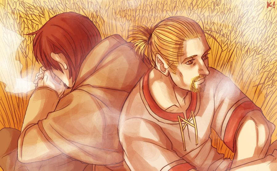 2boys, beard, einar_(vinland_saga), facial_hair, image_sample, karaii, multiple_boys, thorfinn