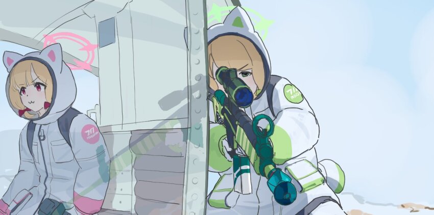 2girls, :3, aiming, aircraft, alternate_costume, animal_ear_hood, animal_ears, assault_rifle