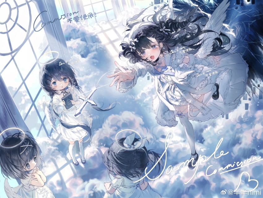 absurdres, angel, angel_wings, banbanimi, black_hair, blue_eyes, bow, cloud
