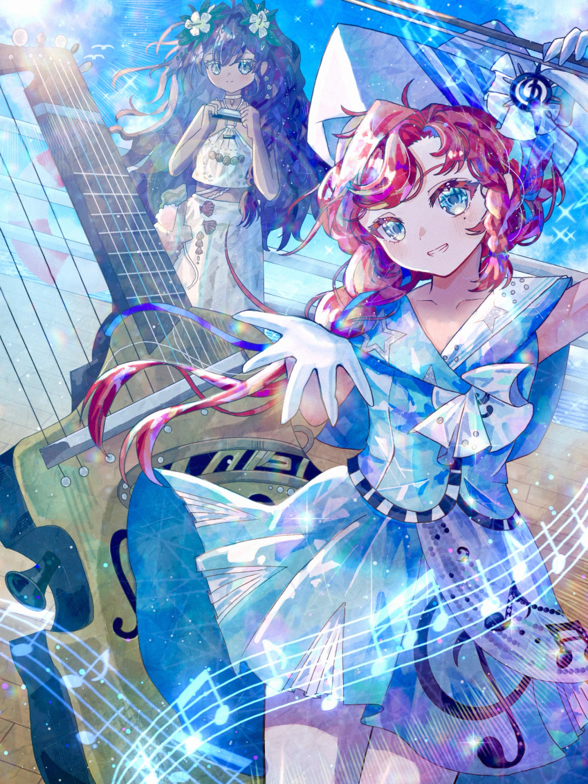 2girls, arm_up, barcarola_(reverse:1999), beamed_eighth_notes, beamed_sixteenth_notes, blue_eyes, blue_shirt, blue_skirt, blue_sky, bow_(music), braid, braided_sidelock, brown_hair, closed_mouth, cowboy_shot, crackling_box_(reverse:1999), dark-skinned_female, dark_skin, day, dixie_cup_hat, eighth_note, fatutu, flower, gloves, grin, hair_flower, hair_ornament, hand_up, harmonica, hat, hibiscus, highres, holding, holding_bow_(music), instrument, jitsugetsu, leaf_hair_ornament, lifebuoy, long_braid, long_hair, looking_at_viewer, midriff, military_hat, miniskirt, mole, mole_under_eye, multiple_girls, musical_note, musical_note_print, musical_staff, outstretched_arm, outstretched_hand, pantyhose, print_skirt, quarter_note, railing, red_hair, reverse:1999, sailor_collar, shirt, skirt, sky, sleeveless, sleeveless_shirt, smile, sparkle, swim_ring, treble_clef, twin_braids, white_flower, white_gloves, white_hair, white_pantyhose, white_shirt, white_skirt, wooden_floor