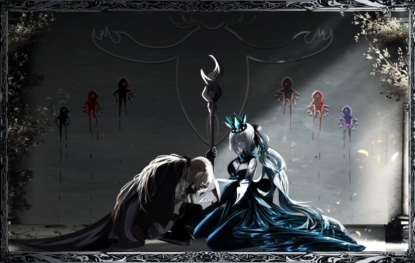 2girls, aesc_(fate), antinese, black_bow, black_dress, black_gloves, blonde_hair, blue_eyes