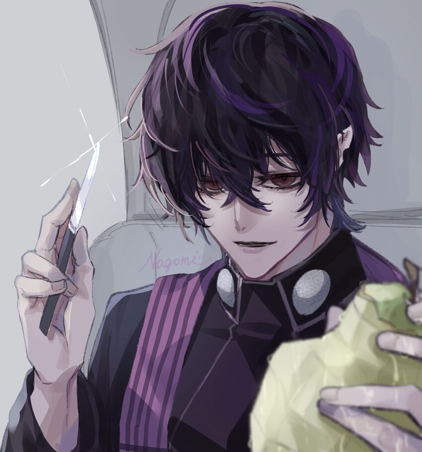 1boy, apple, artist_name, beelzebub_(shuumatsu_no_valkyrie), black_hair, chair, food, fruit, glint, hair_between_eyes, highres, hishui_prpr, holding, holding_food, holding_fruit, holding_knife, knife, notched_ear, open_mouth, pointy_ears, red_eyes, shuumatsu_no_valkyrie, signature, smile, stole