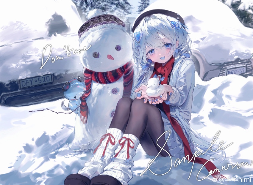 1girl, absurdres, banbanimi, black_pantyhose, blue_eyes, blue_tongue, blush, coat