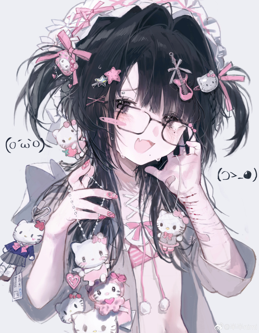 1girl, :d, absurdres, banbanimi, bandaged_arm, bandages, bandaid, bandaid_on_arm, bandaid_on_hand, bikini, black_eyes, black_hair, blood, blush, bow, bra, charm_(object), crying, cuts, emoticon, fang, glasses, grey_background, grey_shirt, hair_intakes, hair_ornament, hair_ribbon, hairclip, heart, hello_kitty_(character), highres, injury, kaomoji, long_hair, looking_at_viewer, navel, open_clothes, open_mouth, open_shirt, original, pink_bra, pink_nails, pink_ribbon, pom_pom_(clothes), ribbon, scar, self-harm, self-harm_scar, shirt, simple_background, skin_fang, smile, solo, striped_bikini, striped_bra, striped_clothes, swimsuit, two_side_up, underwear, upper_body, wrist_cutting, x_hair_ornament, yami_kawaii