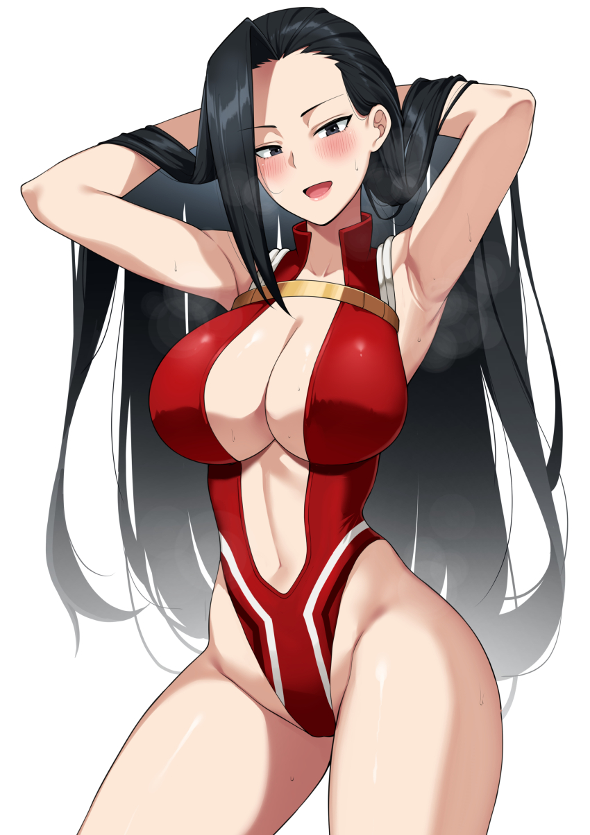 1girl, absurdres, armpits, arms_behind_head, arms_up, bare_shoulders, black_eyes, black_hair, blush, boku_no_hero_academia, breasts, center_opening, cleavage, curvy, hair_pulled_back, highleg, highleg_leotard, highres, large_breasts, leotard, long_hair, looking_at_viewer, navel, nekosama_shugyouchuu, open_mouth, red_leotard, shiny_skin, smile, solo, thighs, thong_leotard, wide_hips, yaoyorozu_momo