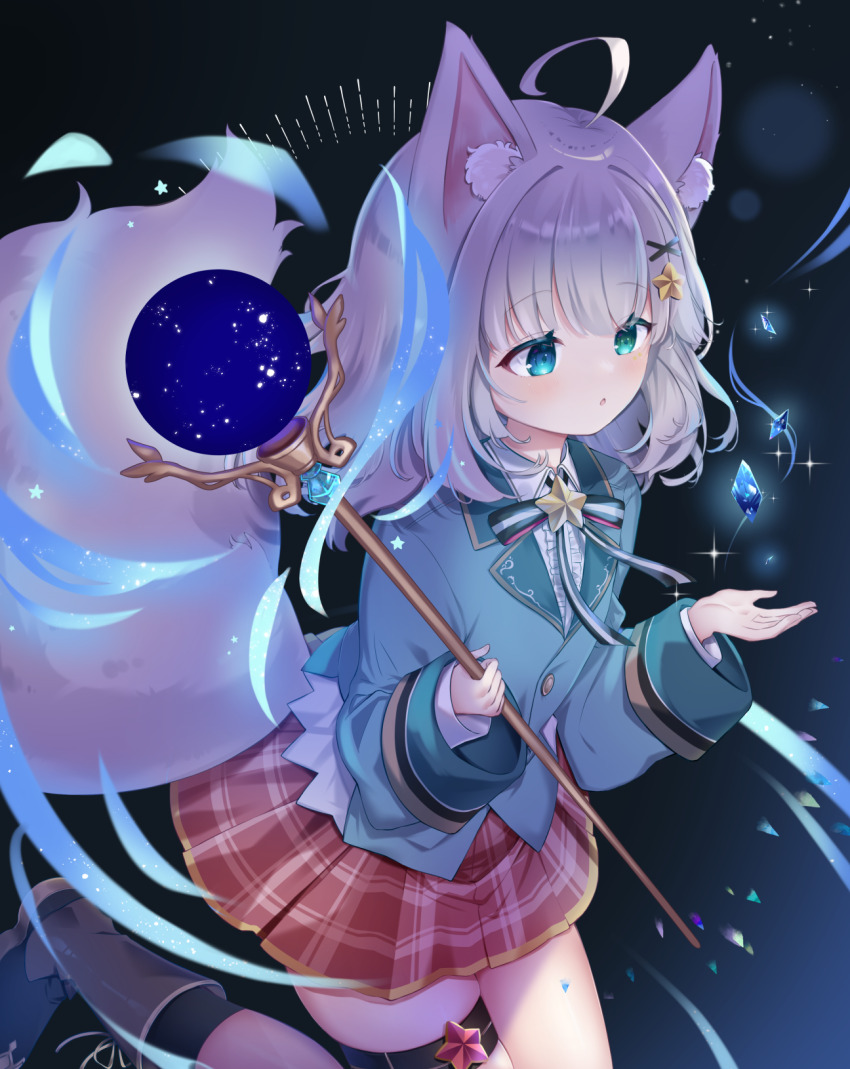 1girl, :o, ahoge, animal_ear_fluff, animal_ears, black_background, blue_eyes, blush