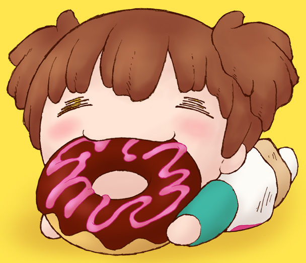 1girl, brown_hair, chibi, closed_eyes, donut, female_focus, food, k-on!, mine_junga, minejun, short_twintails, solo, suzuki_jun, twintails