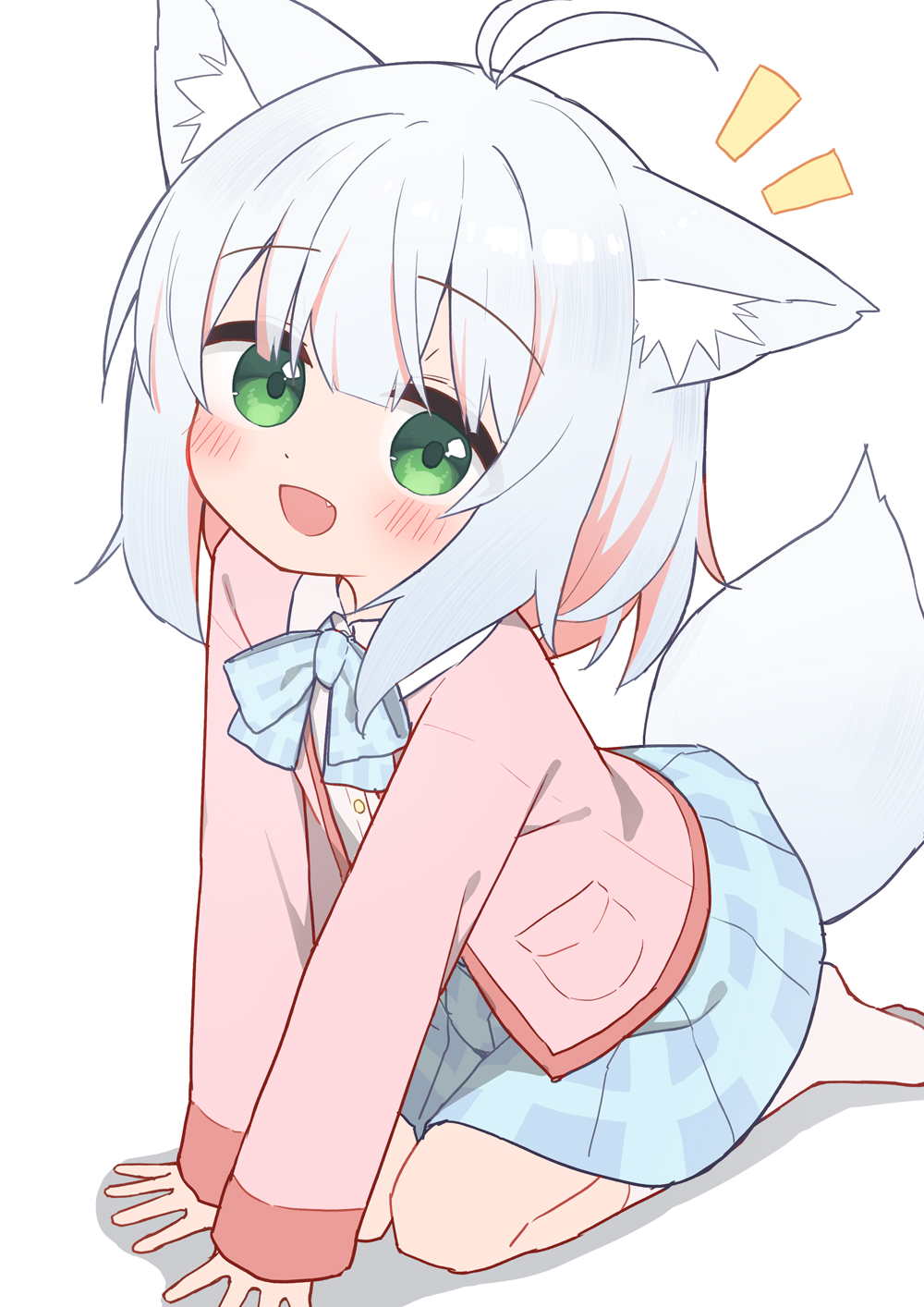 1girl, :d, amakami_sana_(1n4b4), animal_ear_fluff, animal_ears, antenna_hair, blue_bow, blue_skirt, blush, borrowed_character, bow, collared_shirt, commentary_request, fang, green_eyes, grey_hair, hair_between_eyes, highres, jacket, long_sleeves, looking_at_viewer, multicolored_hair, no_heterochromia, no_shoes, notice_lines, open_clothes, open_jacket, open_mouth, original, pink_jacket, plaid_clothes, plaid_skirt, pleated_skirt, red_hair, shadow, shirt, simple_background, skirt, sleeves_past_wrists, smile, socks, solo, streaked_hair, tail, white_background, white_shirt, white_socks, yuune_(ayanepuna)