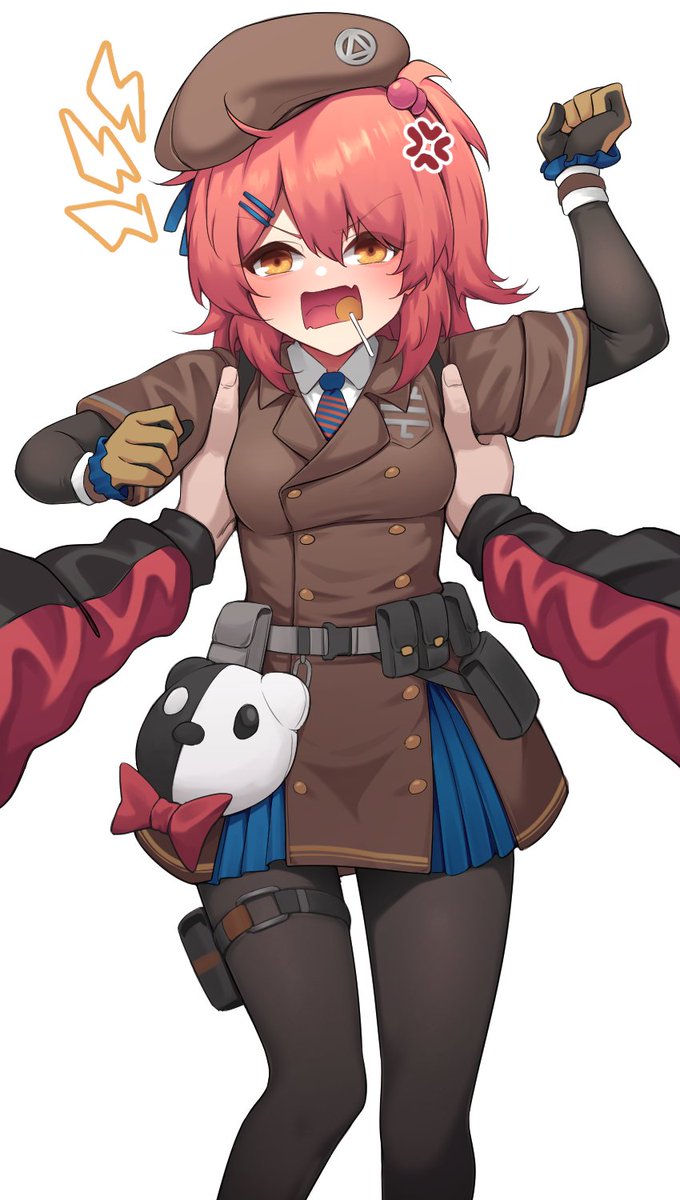 1girl, adachi_t_(xadachit), anger_vein, angry, animal_bag, beret, black_pantyhose, brown_hair