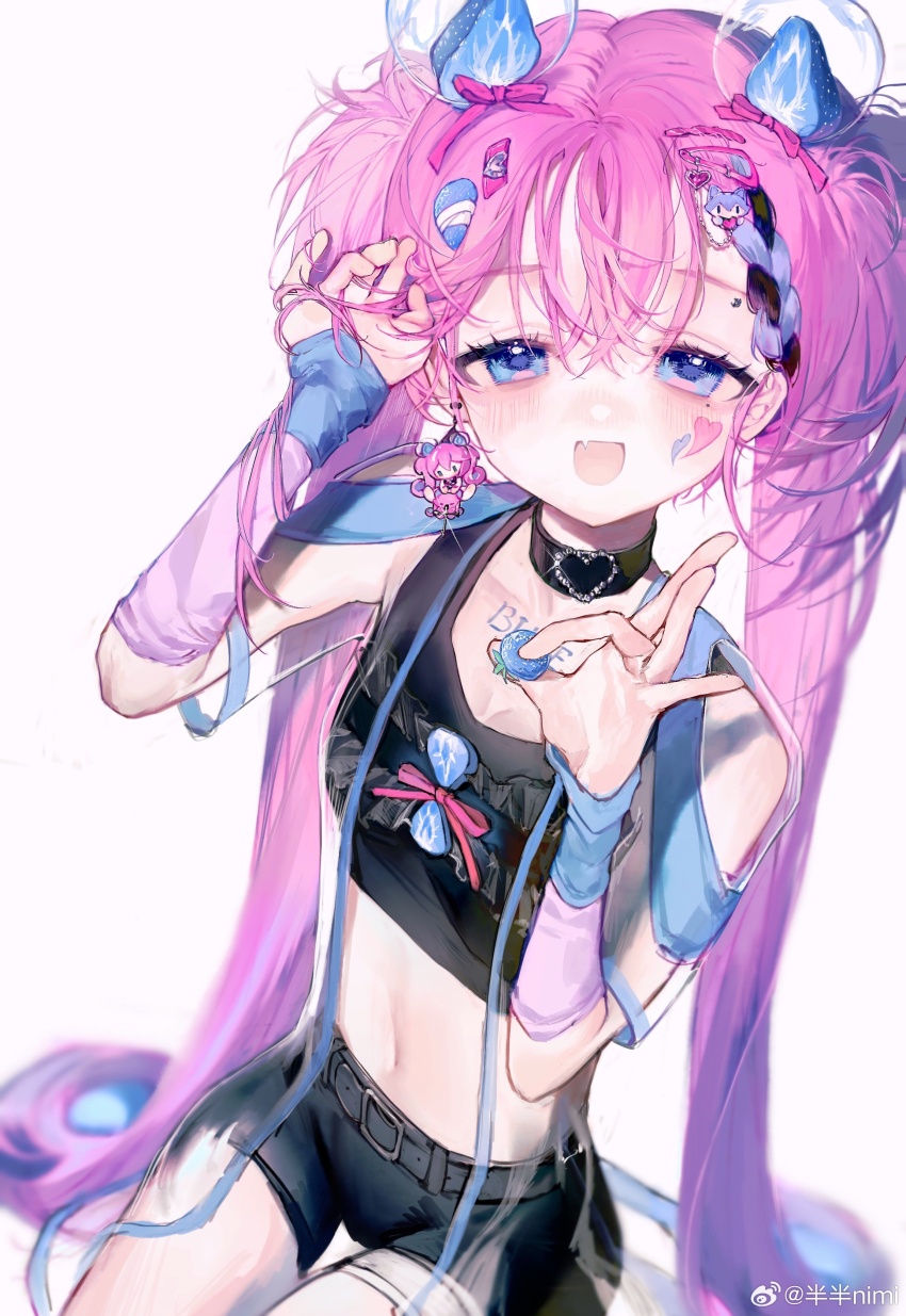 1girl, absurdres, banbanimi, bandaid, bandaid_on_face, black_shorts, blue_eyes, blush