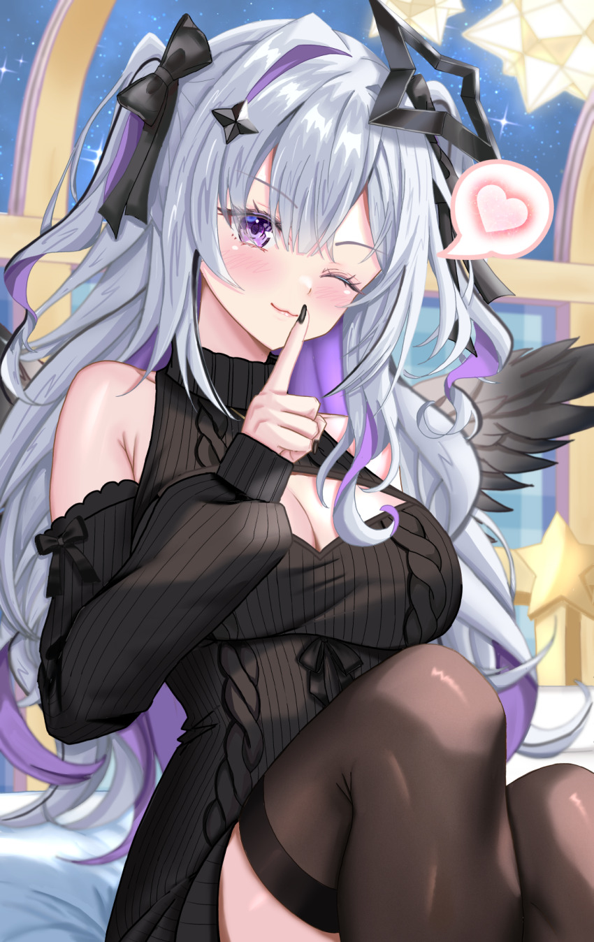 1girl, amane_konata, angel_wings, aran_sweater, armpit_crease, black_nails, black_sweater, black_thighhighs