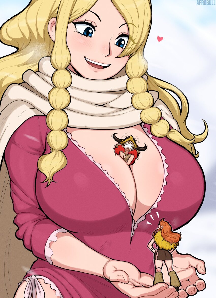 1boy, 1girl, 2girls, afrobull, between_breasts, black_hair, blonde_hair, blue_eyes, blush, braid, braided_bangs, breasts, cleavage, eyelashes, fake_horns, gerd_(one_piece), giant, giantess, helmet, highres, horned_helmet, large_breasts, long_hair, monkey_d._luffy, multiple_girls, nami_(one_piece), nami_(one_piece)_(elbaf), one_piece, open_mouth, orange_hair, person_between_breasts, short_hair, size_difference