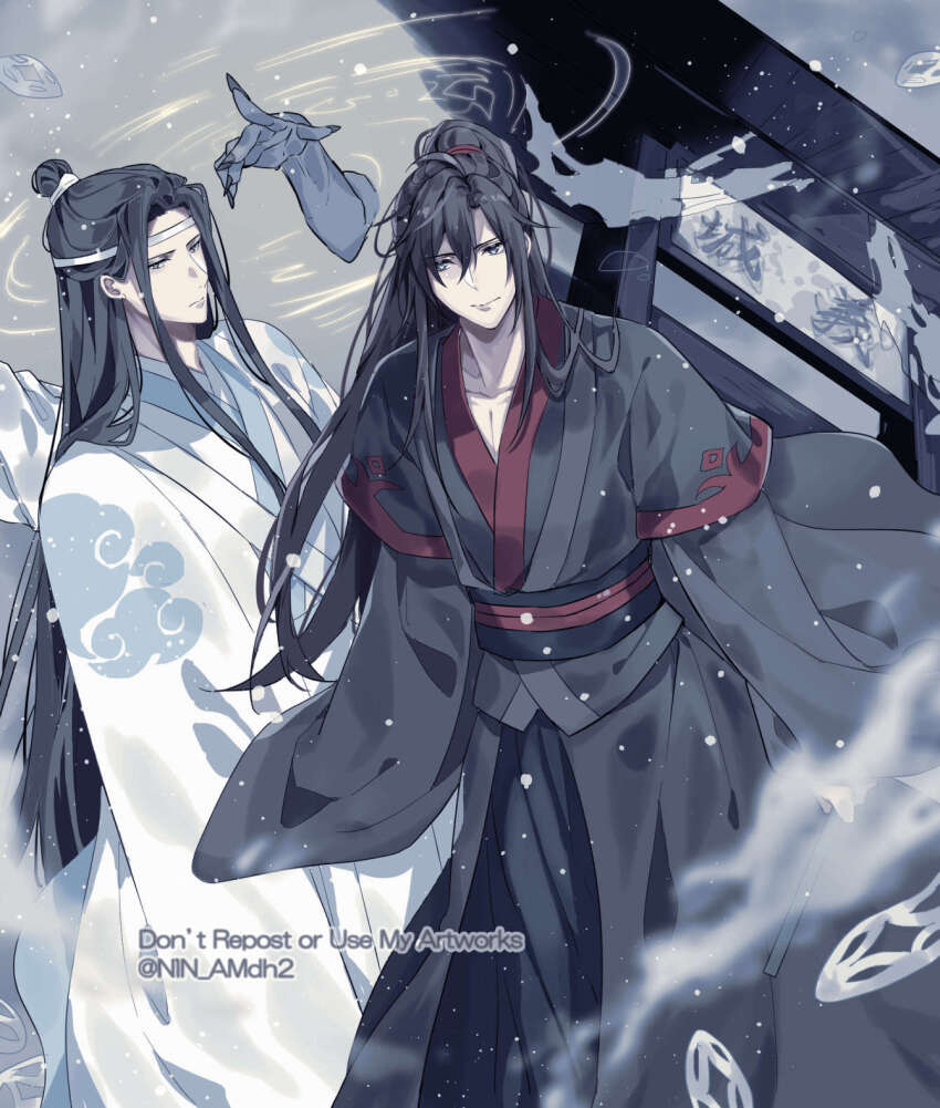 2boys, ahoge, banknote, black_hair, black_hanfu, black_robe, chinese_clothes, chinese_text, disembodied_hand, english_text, grey_eyes, hair_between_eyes, hair_tie, hanfu, headband, high_ponytail, highres, hyottokoane, lan_wangji, layered_sleeves, long_hair, long_sleeves, looking_at_viewer, male_focus, modao_zushi, money, multiple_boys, ponytail, robe, sash, sidelocks, sleeves_past_wrists, smile, snow, standing, topknot, twitter_username, very_long_hair, watermark, wei_wuxian, white_hanfu, white_headband, white_robe, wide_sleeves, xiao_guan_(headdress), yaoi
