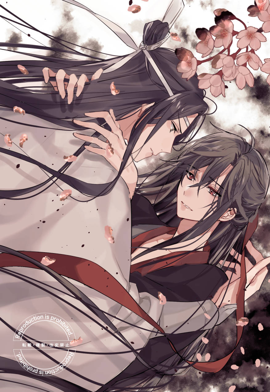 2boys, bishounen, black_hair, black_hanfu, cherry_blossoms, chinese_clothes, dutch_angle, eye_contact