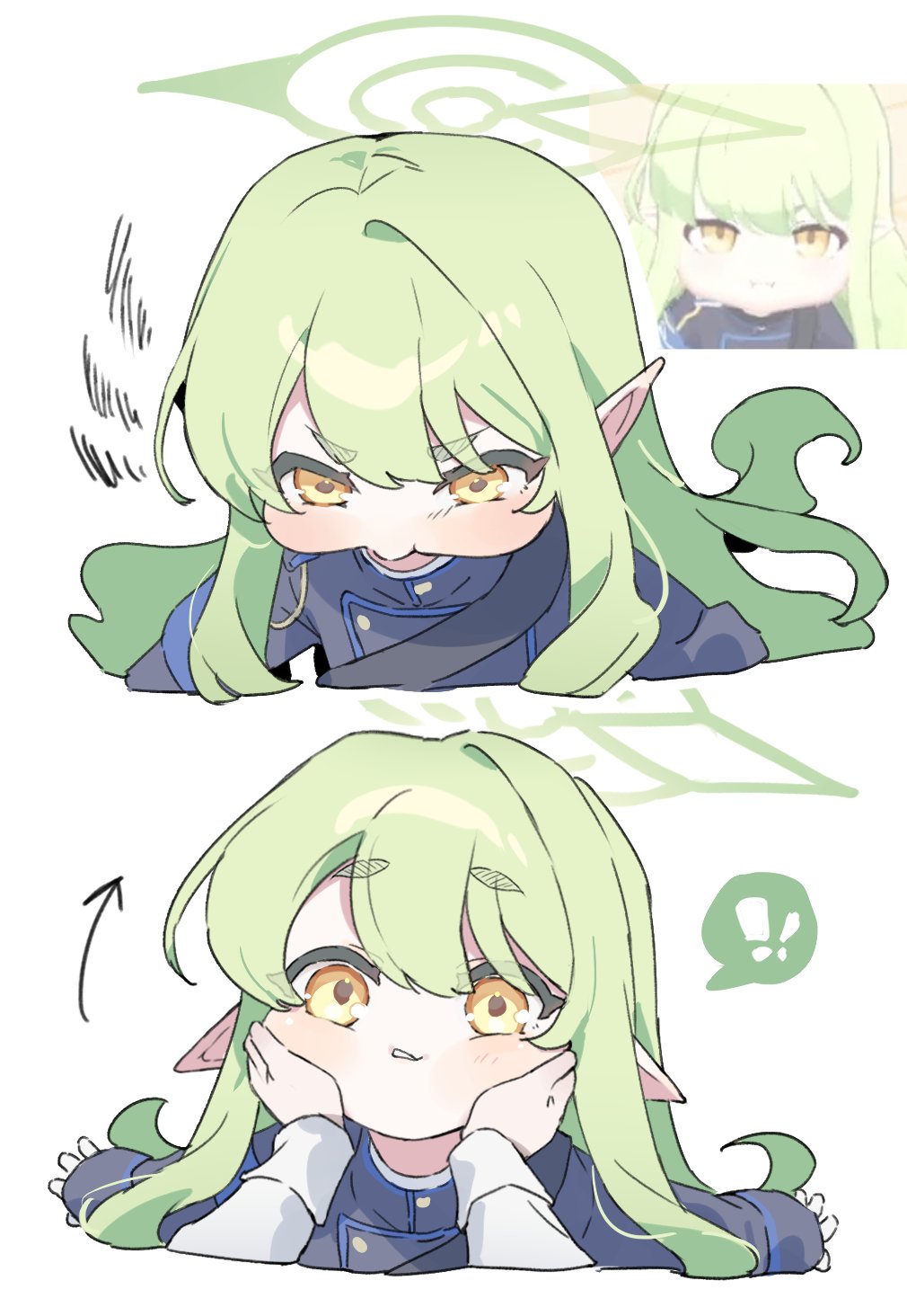 !, 1girl, 1other, angry, arrow_(symbol), black_jacket, blue_archive, commentary, dog, fluffy_white_puppy_expressions_(meme), frown, glaring, green_hair, green_halo, halo, hands_on_another's_cheeks, hands_on_another's_face, highres, hikari_(blue_archive), jacket, long_hair, long_sleeves, looking_at_viewer, meme, meunhongcha, pointy_ears, puffy_cheeks, simple_background, sleeves_past_wrists, spoken_exclamation_mark, squiggle, white_background, white_dog, yellow_eyes, yurie_mouth