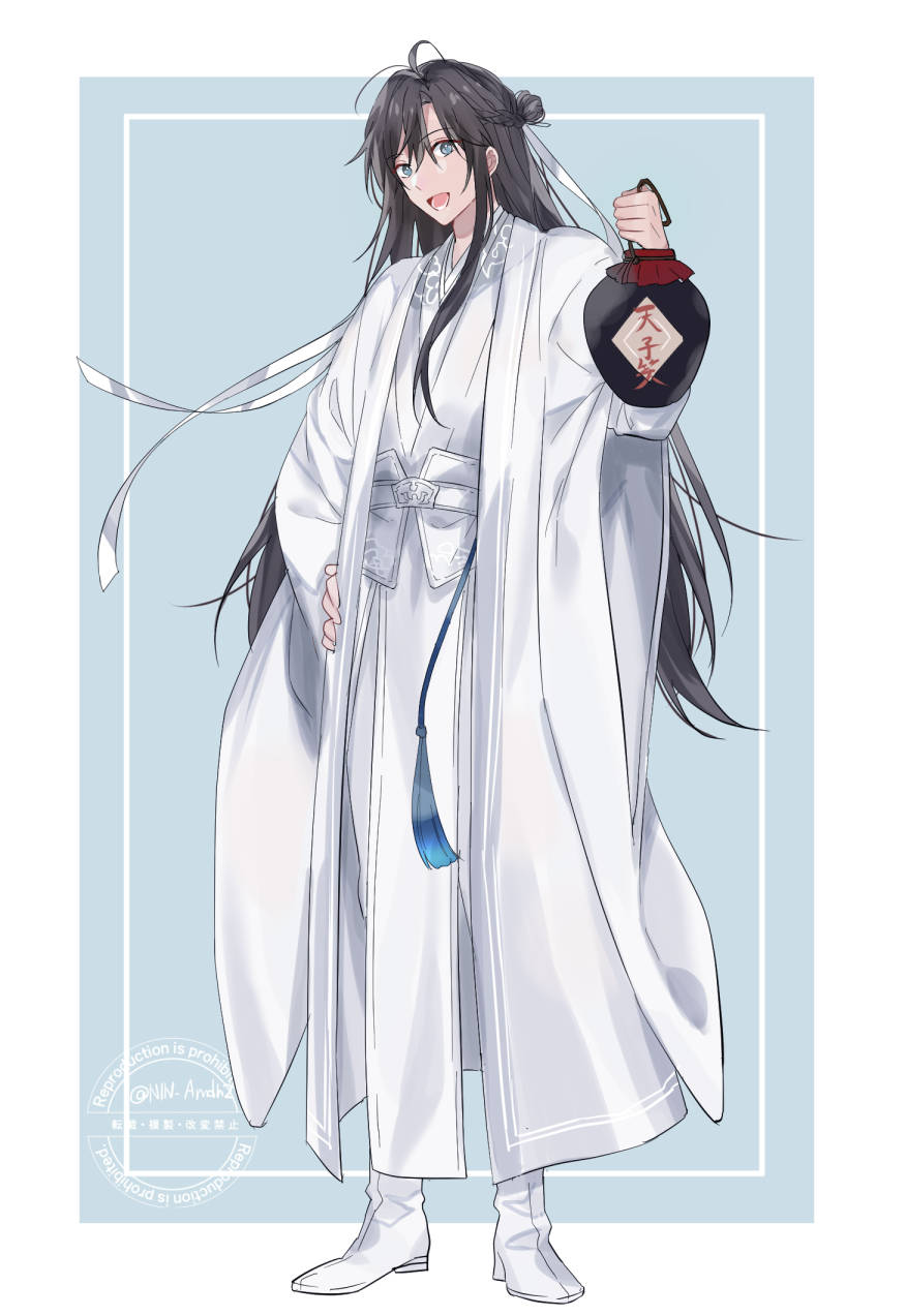 1boy, :d, ahoge, alternate_costume, alternate_hairstyle, antenna_hair, black_hair, blue_eyes