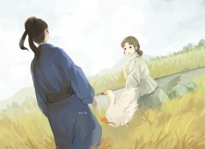 1boy, 1girl, :o, anisatoshii, artist_name, basen_(kusuriya_no_hitorigoto), bird, brown_hair