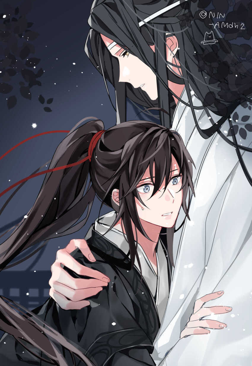 2boys, bishounen, black_hair, black_hanfu, chinese_clothes, grey_eyes, hair_between_eyes, hair_ribbon