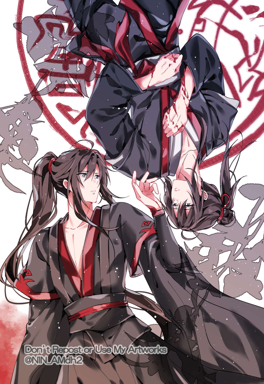 2boys, ahoge, bishounen, black_hair, black_hanfu, blood, blood_on_hands, chinese_clothes