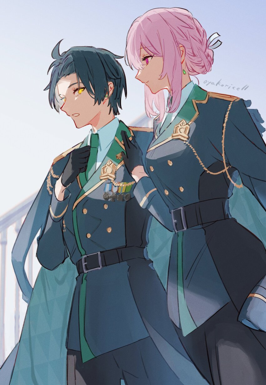 1boy, 1girl, aiguillette, artist_name, asaba_harumasa, belt, belt_buckle, black_belt