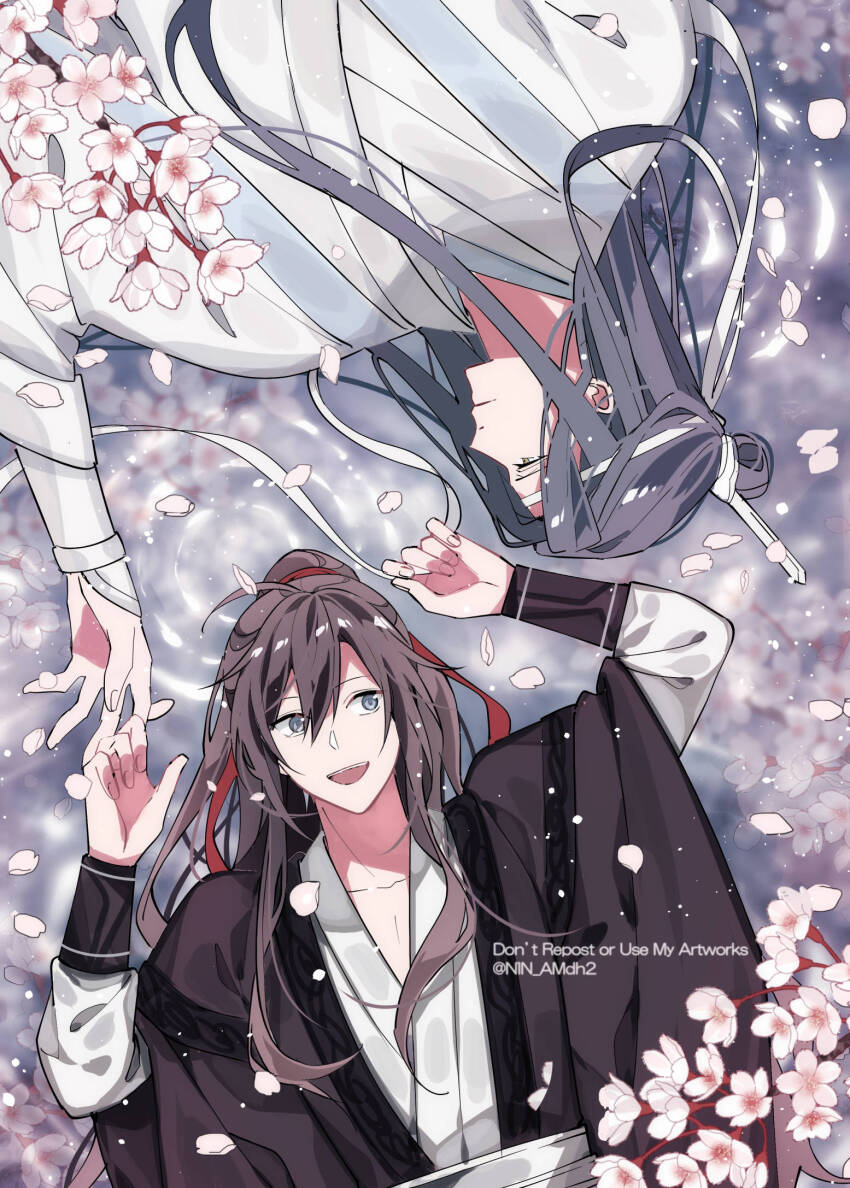 2boys, bishounen, black_hair, black_hanfu, brown_hair, cherry_blossoms, chinese_clothes, english_text